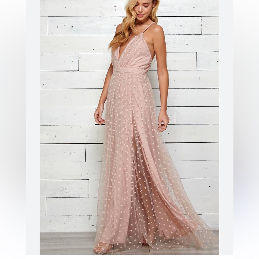 NWT Elegant Pink Backless Dress Dusty Ballerina Pink Polka Dot Mesh Maxi Dress